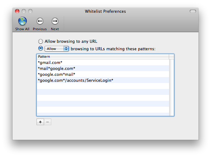 Fluid Whitelist Preference Pane showing Gmail whitelist.